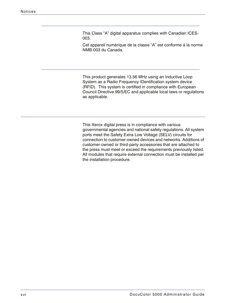 In canada (ices-003), Regulatory information for rfid, Safety extra low voltage approval | Xerox DocuColor 5000 User Manual | Page 18 / 108