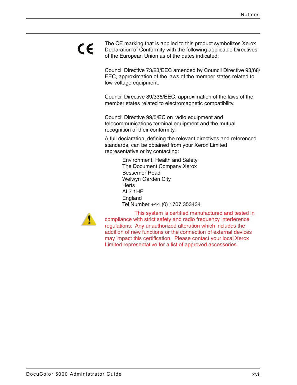 Certifications in europe | Xerox DocuColor 5000 User Manual | Page 19 / 108
