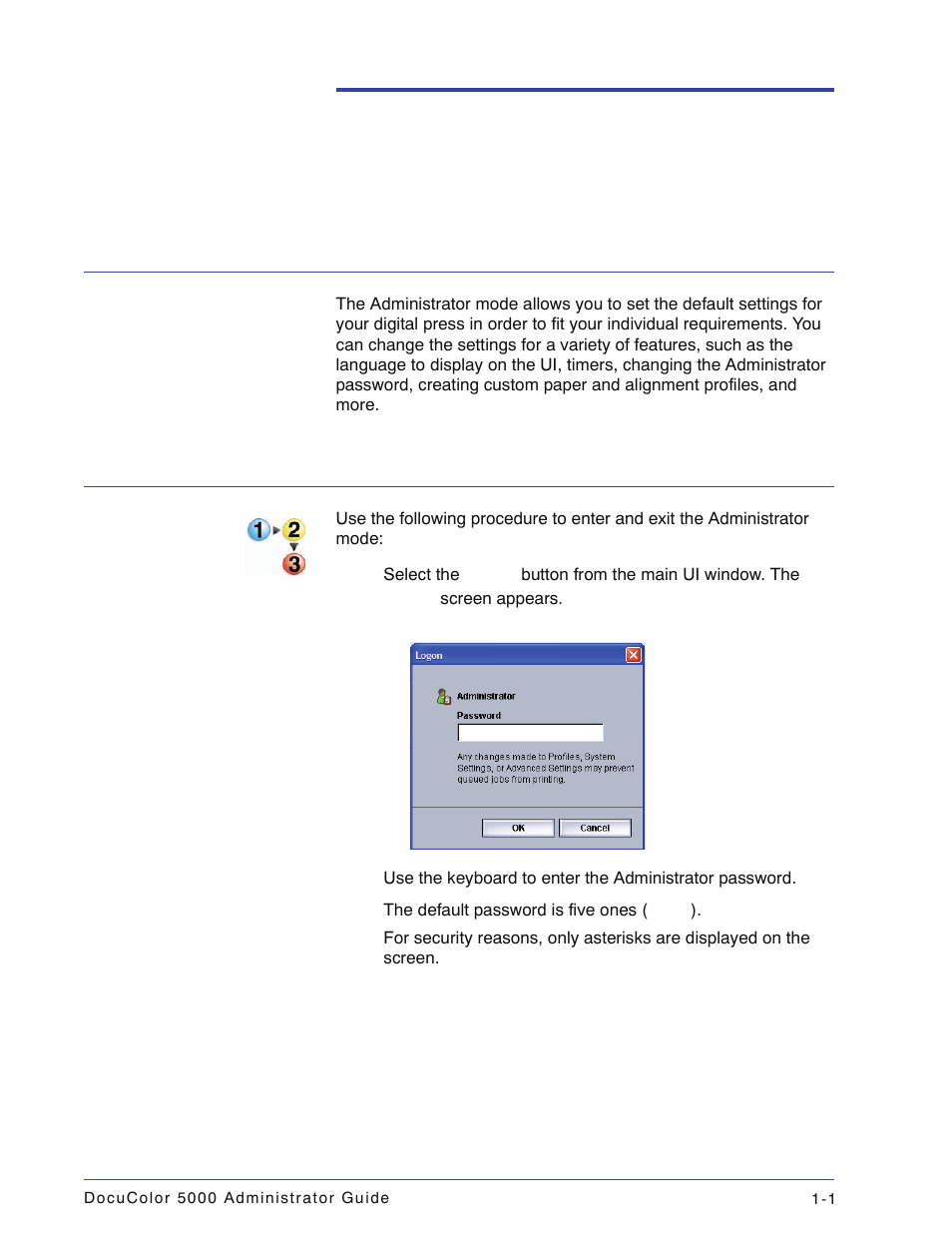 Administrator overview, Overview, Logging on as administrator | Overview -1 logging on as administrator -1 | Xerox DocuColor 5000 User Manual | Page 27 / 108