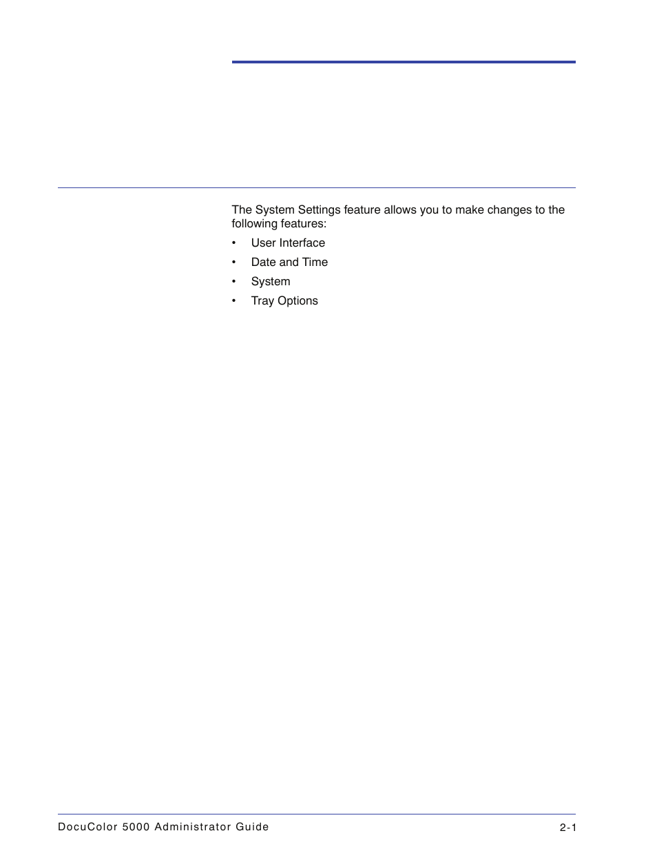 System settings, Overview, Overview -1 | Xerox DocuColor 5000 User Manual | Page 31 / 108