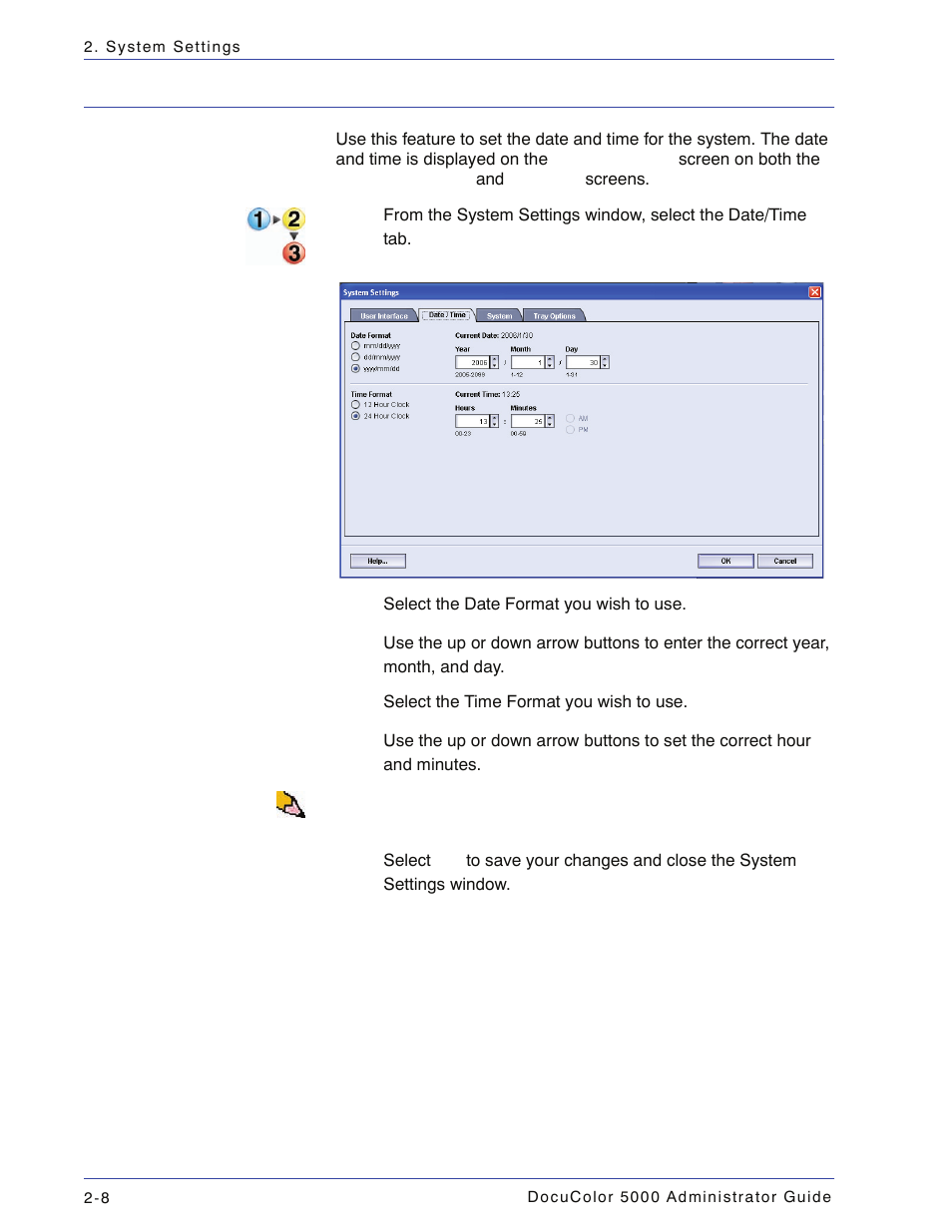 Setting the date & time, Setting the date & time -8 | Xerox DocuColor 5000 User Manual | Page 38 / 108