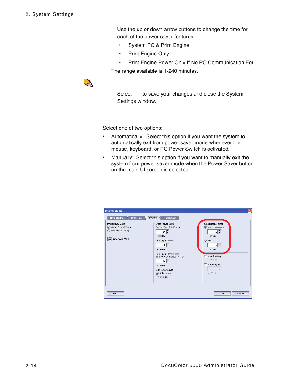 Exit power saver, Auto resume after, Exit power saver -14 | Auto resume after -14 | Xerox DocuColor 5000 User Manual | Page 44 / 108