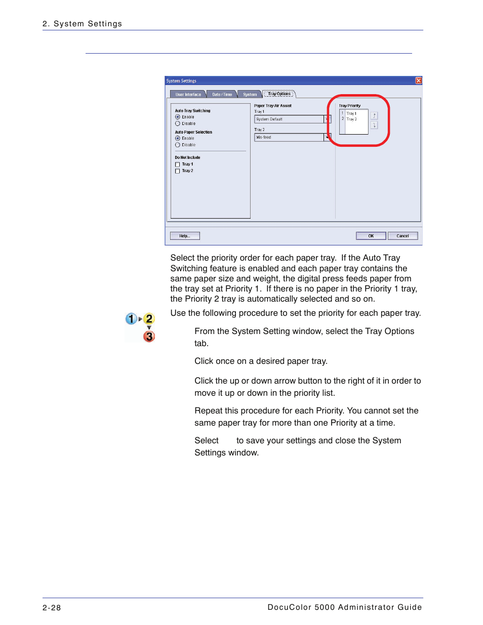 Tray priority, Tray priority -28 | Xerox DocuColor 5000 User Manual | Page 58 / 108