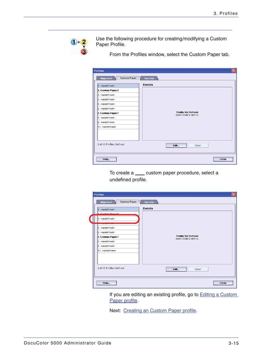 Custom paper procedure, Custom paper procedure -15 | Xerox DocuColor 5000 User Manual | Page 73 / 108
