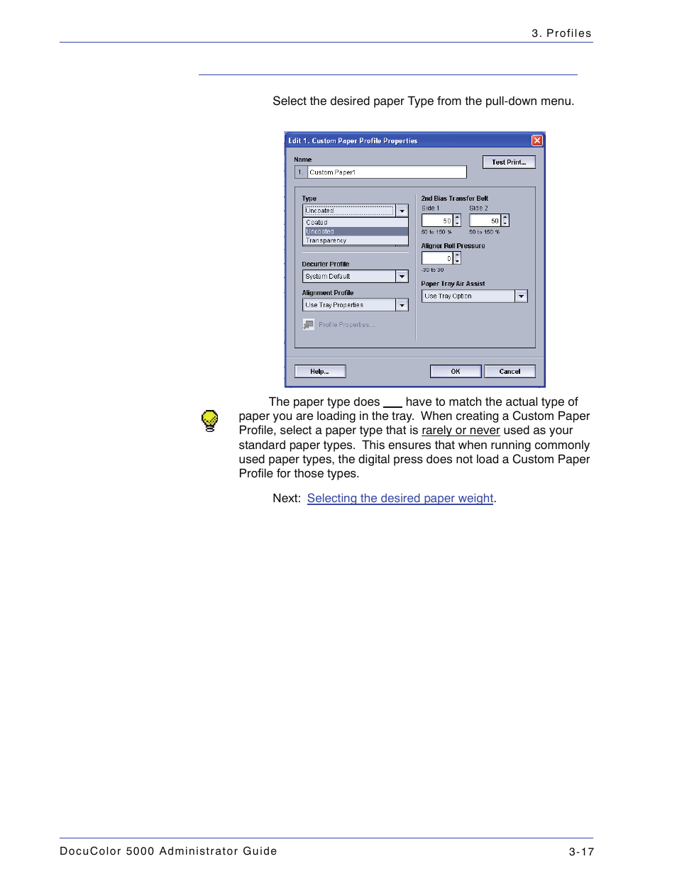 Selecting the desired paper type, Selecting the desired paper type -17 | Xerox DocuColor 5000 User Manual | Page 75 / 108