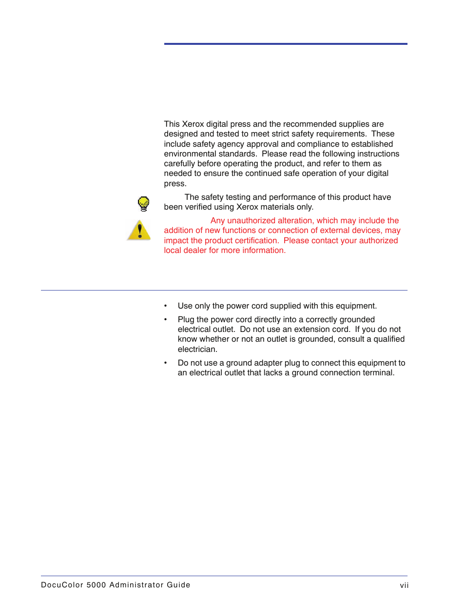 Safety notices, Electrical safety | Xerox DocuColor 5000 User Manual | Page 9 / 108
