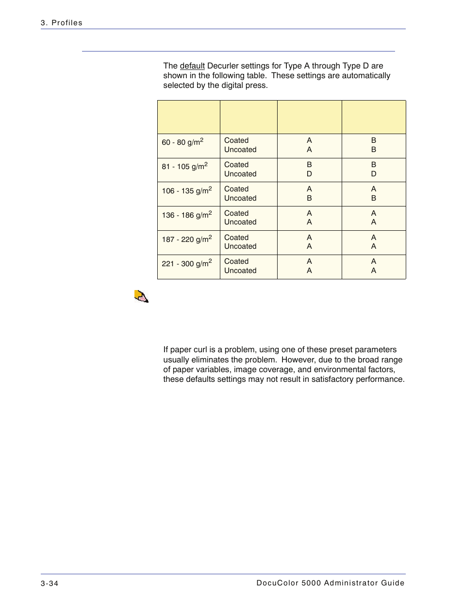 Decurler settings a-d, Decurler settings a-d -33 | Xerox DocuColor 5000 User Manual | Page 92 / 108