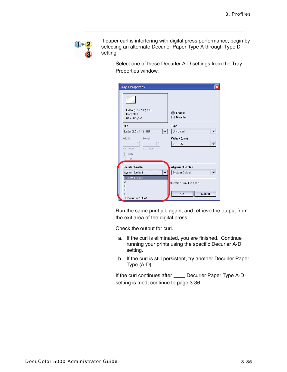 Decurler a-d procedure | Xerox DocuColor 5000 User Manual | Page 93 / 108