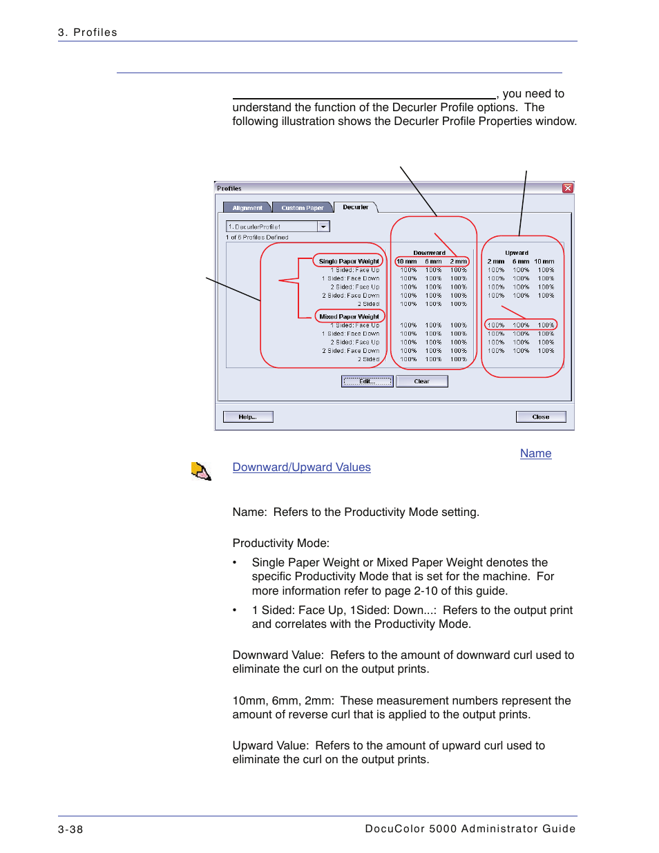 Decurler profile options, Decurler profile options -37 | Xerox DocuColor 5000 User Manual | Page 96 / 108