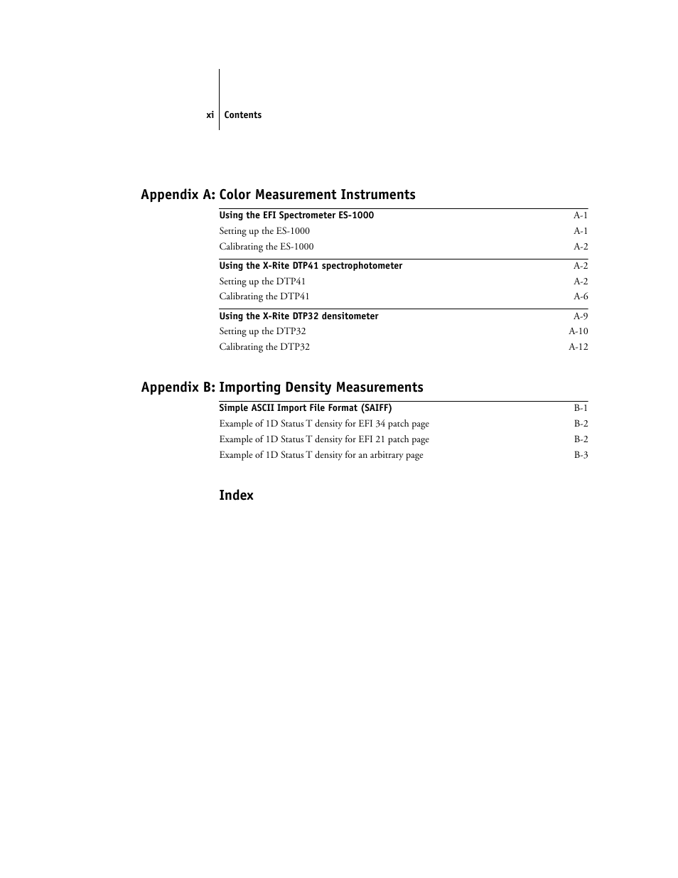 Appendix a: color measurement instruments, Appendix b: importing density measurements, Index | Xerox Phaser Printer EX7750 User Manual | Page 11 / 120