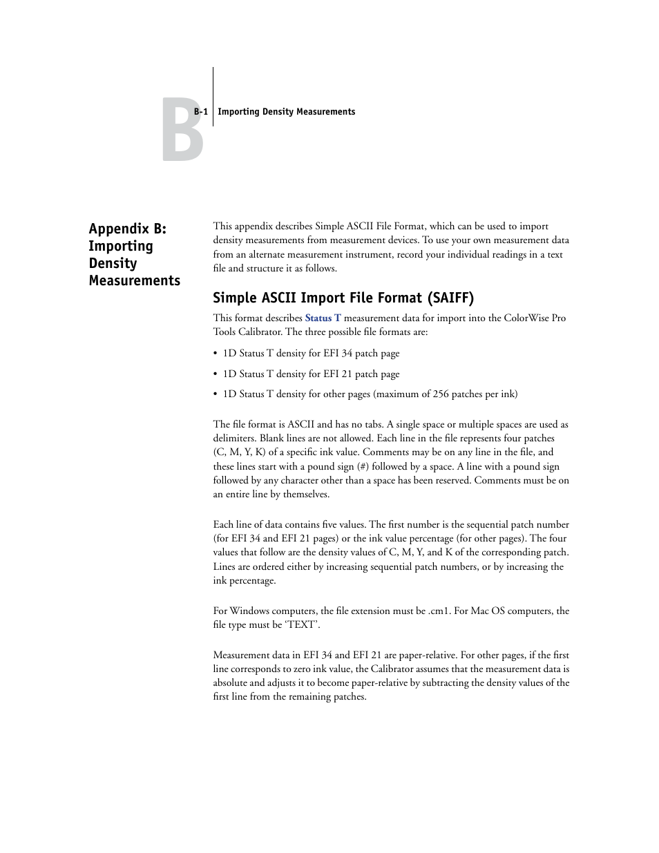 Appendix b: importing density measurements, Simple ascii import file format (saiff), Described in | Appendix b, Format (see | Xerox Phaser Printer EX7750 User Manual | Page 113 / 120
