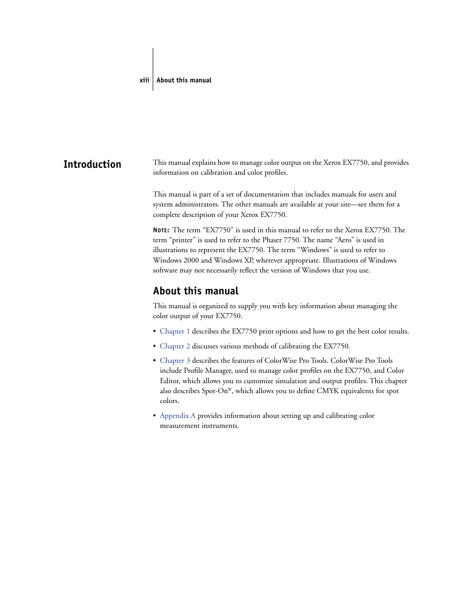 Introduction, About this manual, Xiii | Xerox Phaser Printer EX7750 User Manual | Page 13 / 120