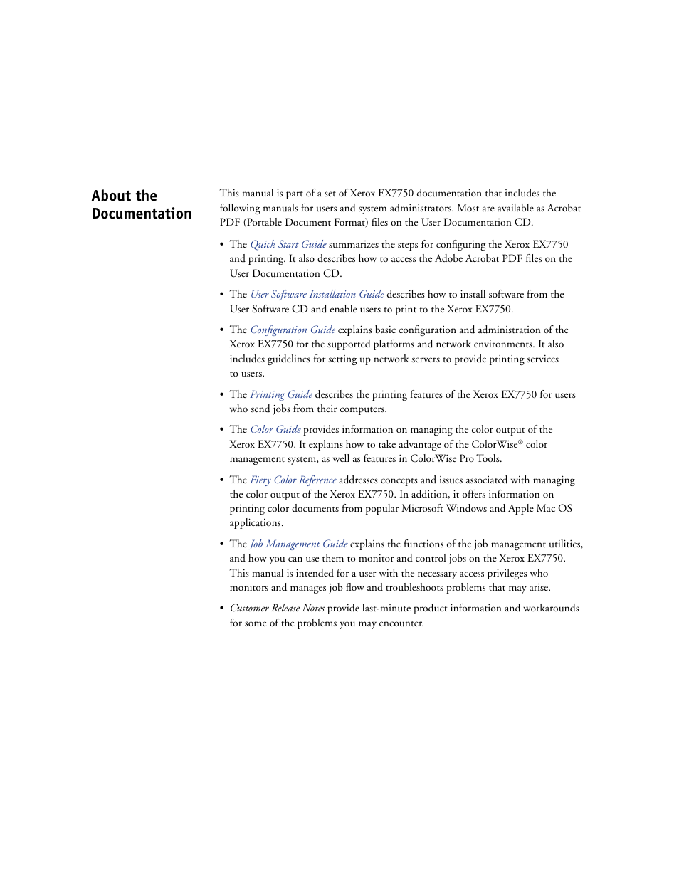 About the documentation | Xerox Phaser Printer EX7750 User Manual | Page 2 / 120
