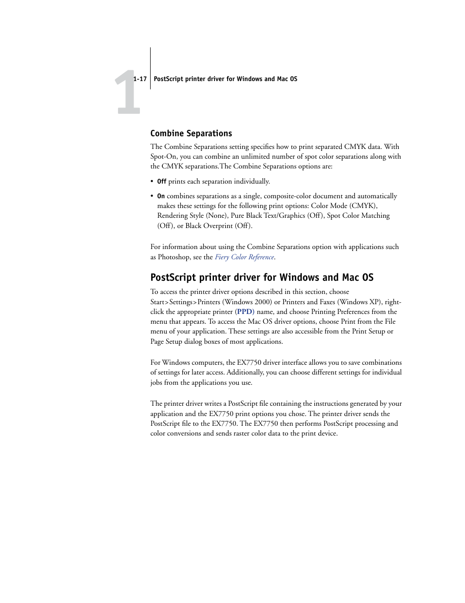 Combine separations, Postscript printer driver for windows and mac os, Ers, see | Xerox Phaser Printer EX7750 User Manual | Page 33 / 120