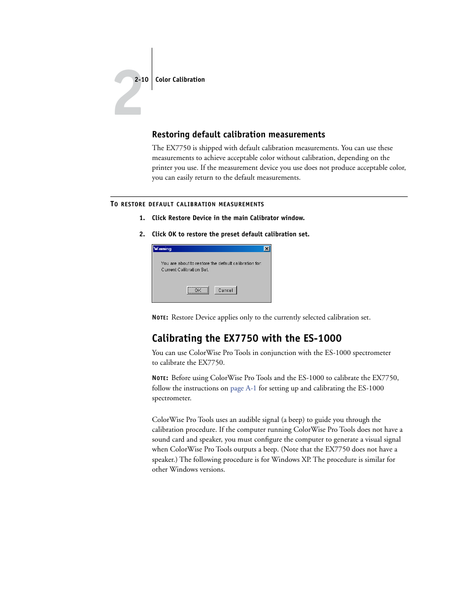 Restoring default calibration measurements, Calibrating the ex7750 with the es-1000 | Xerox Phaser Printer EX7750 User Manual | Page 50 / 120