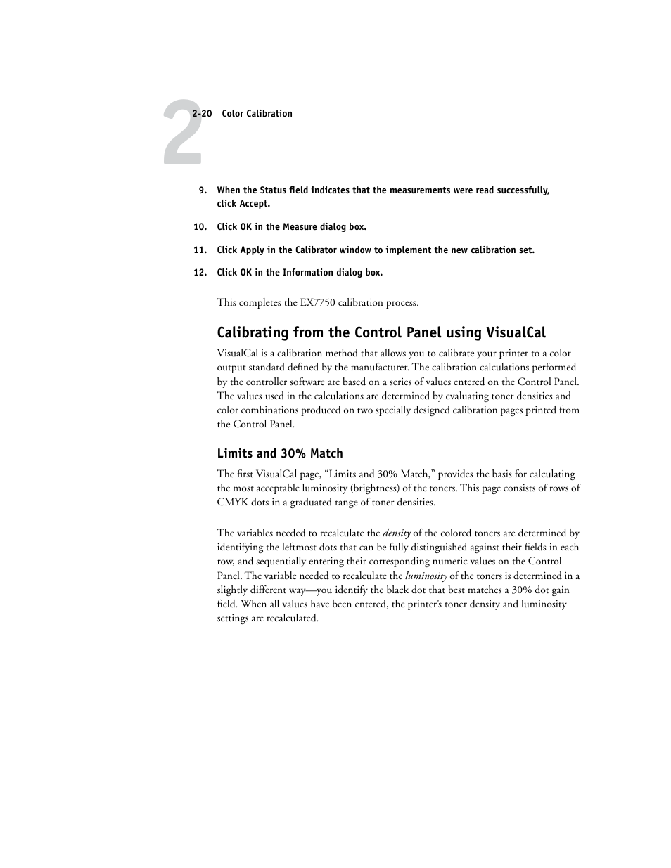 Calibrating from the control panel using visualcal, Limits and 30% match | Xerox Phaser Printer EX7750 User Manual | Page 60 / 120