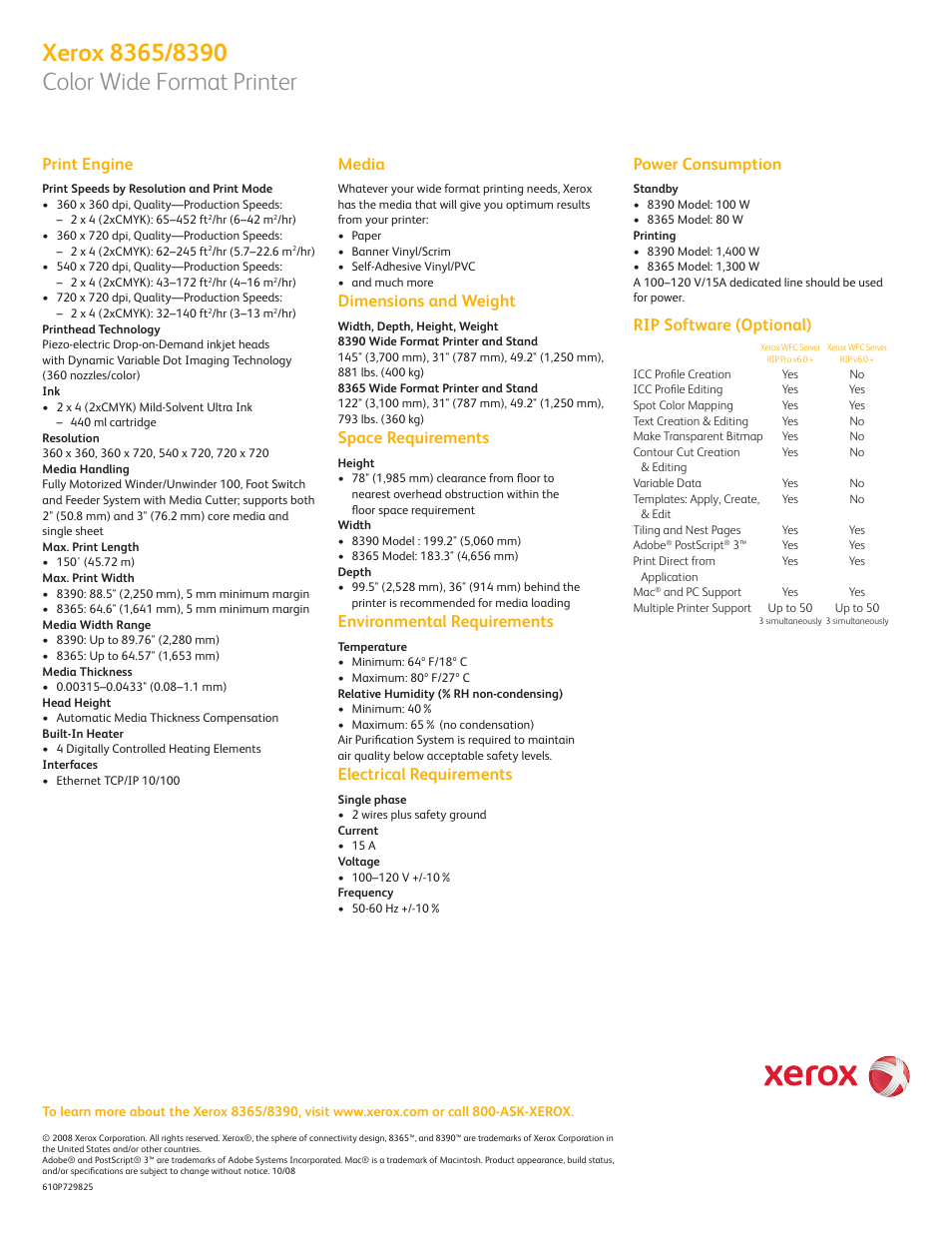 Print engine, Media, Dimensions and weight | Space requirements, Environmental requirements, Electrical requirements, Power consumption, Rip software (optional) | Xerox 8365 User Manual | Page 4 / 4