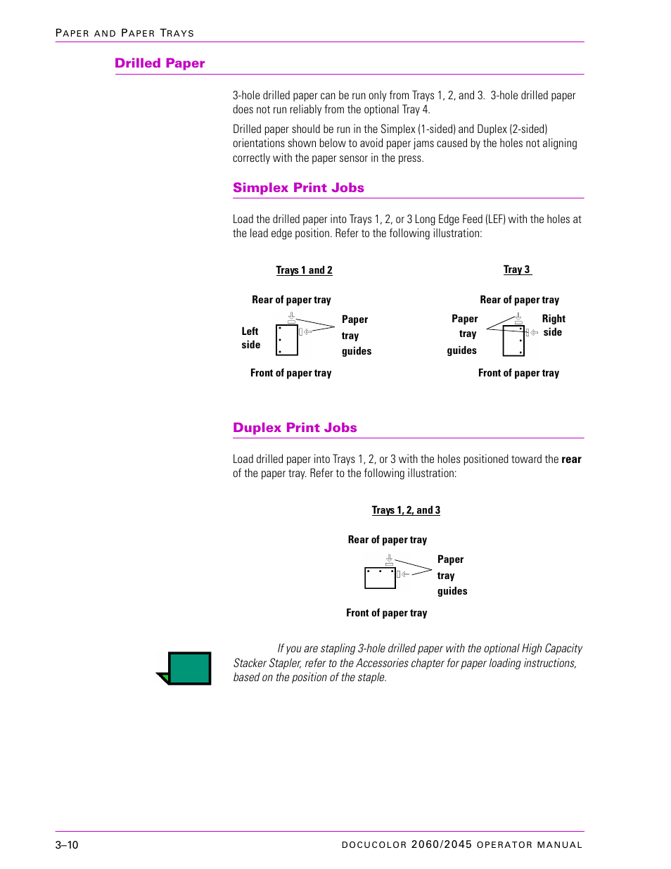 Drilled paper, Simplex print jobs, Duplex print jobs | Drilled paper –10, Simplex print jobs –10, Duplex print jobs –10 | Xerox DocuColor 2060 User Manual | Page 102 / 340