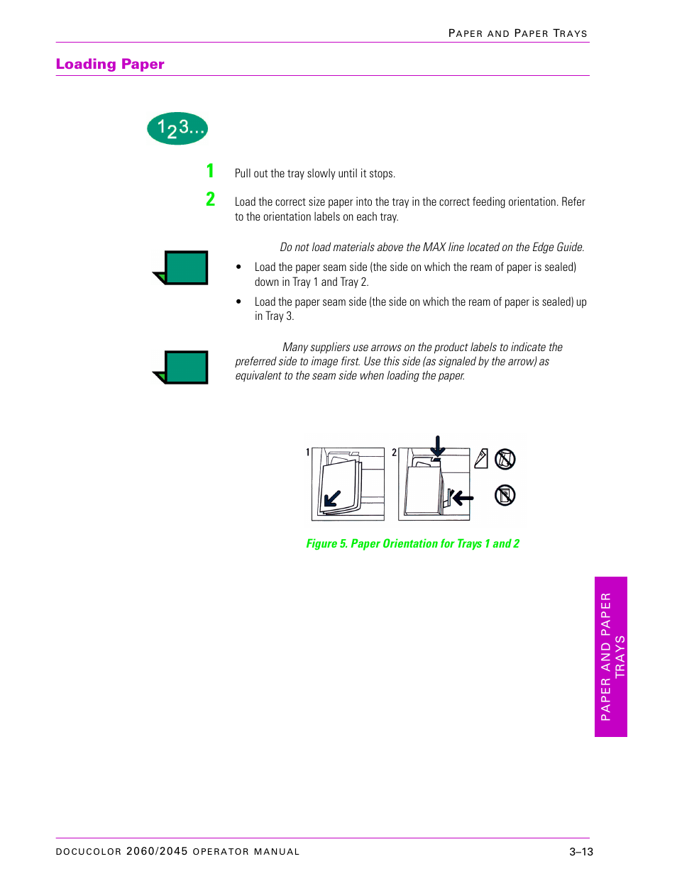 Loading paper, Loading paper –13 | Xerox DocuColor 2060 User Manual | Page 105 / 340