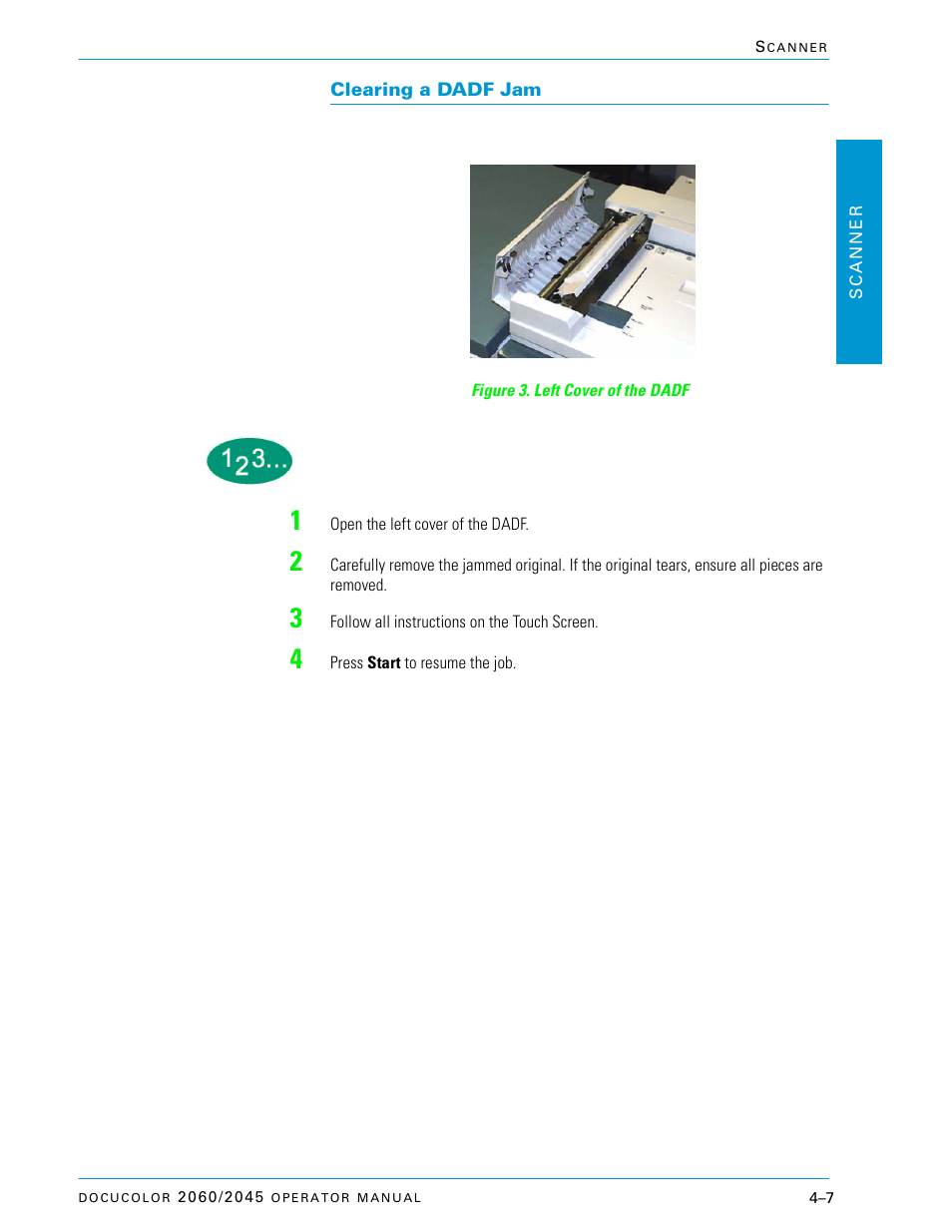 Clearing a dadf jam, Clearing a dadf jam –7 | Xerox DocuColor 2060 User Manual | Page 117 / 340