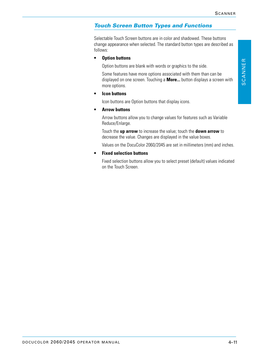 Touch screen button types and functions, Touch screen button types and functions –11 | Xerox DocuColor 2060 User Manual | Page 121 / 340