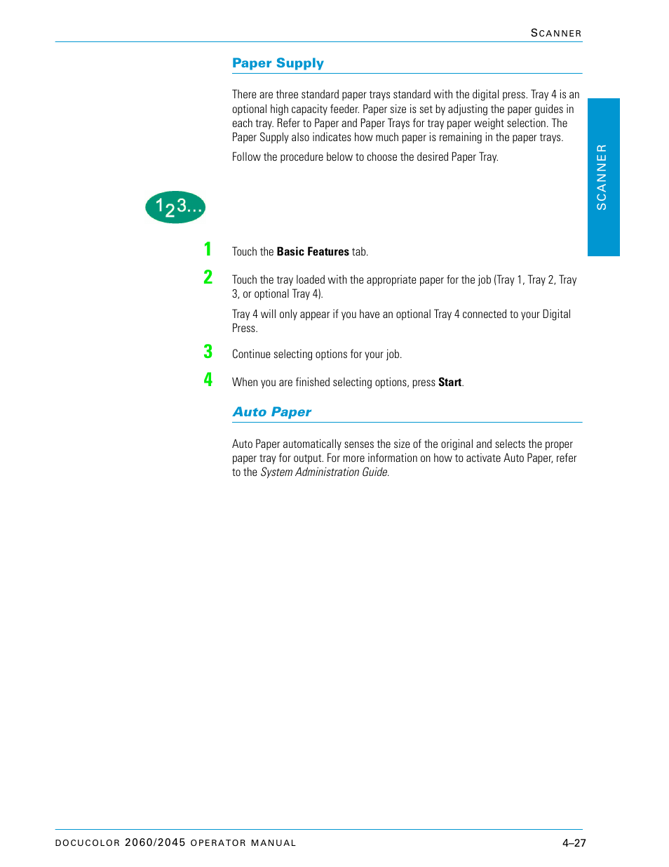 Paper supply, Auto paper, Paper supply –27 | Auto paper –27 | Xerox DocuColor 2060 User Manual | Page 137 / 340