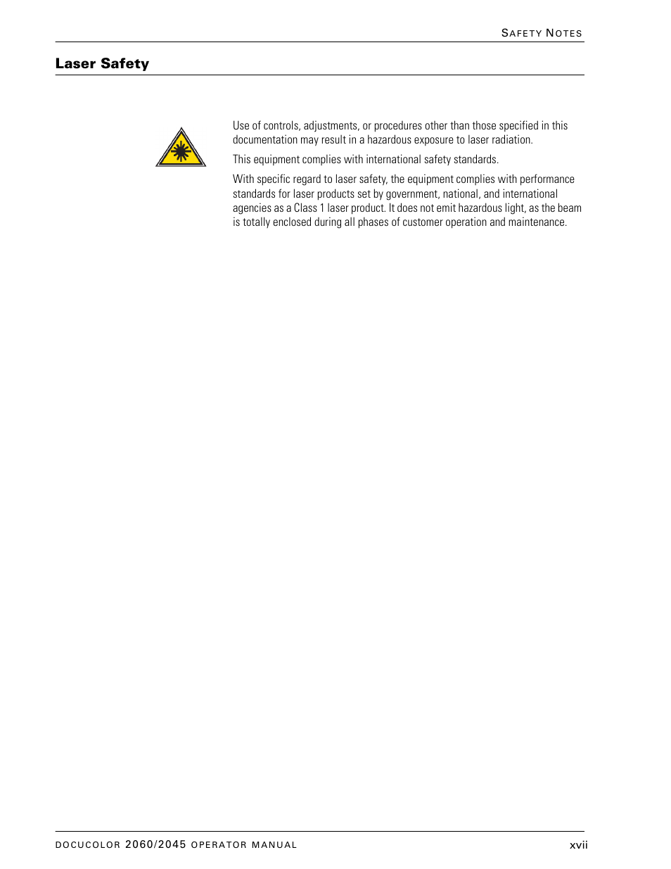 Laser safety | Xerox DocuColor 2060 User Manual | Page 17 / 340