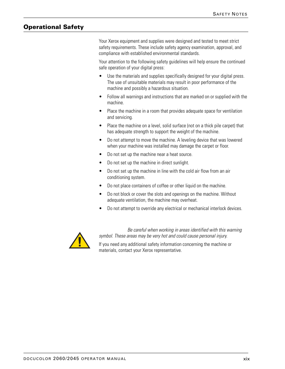 Operational safety | Xerox DocuColor 2060 User Manual | Page 19 / 340