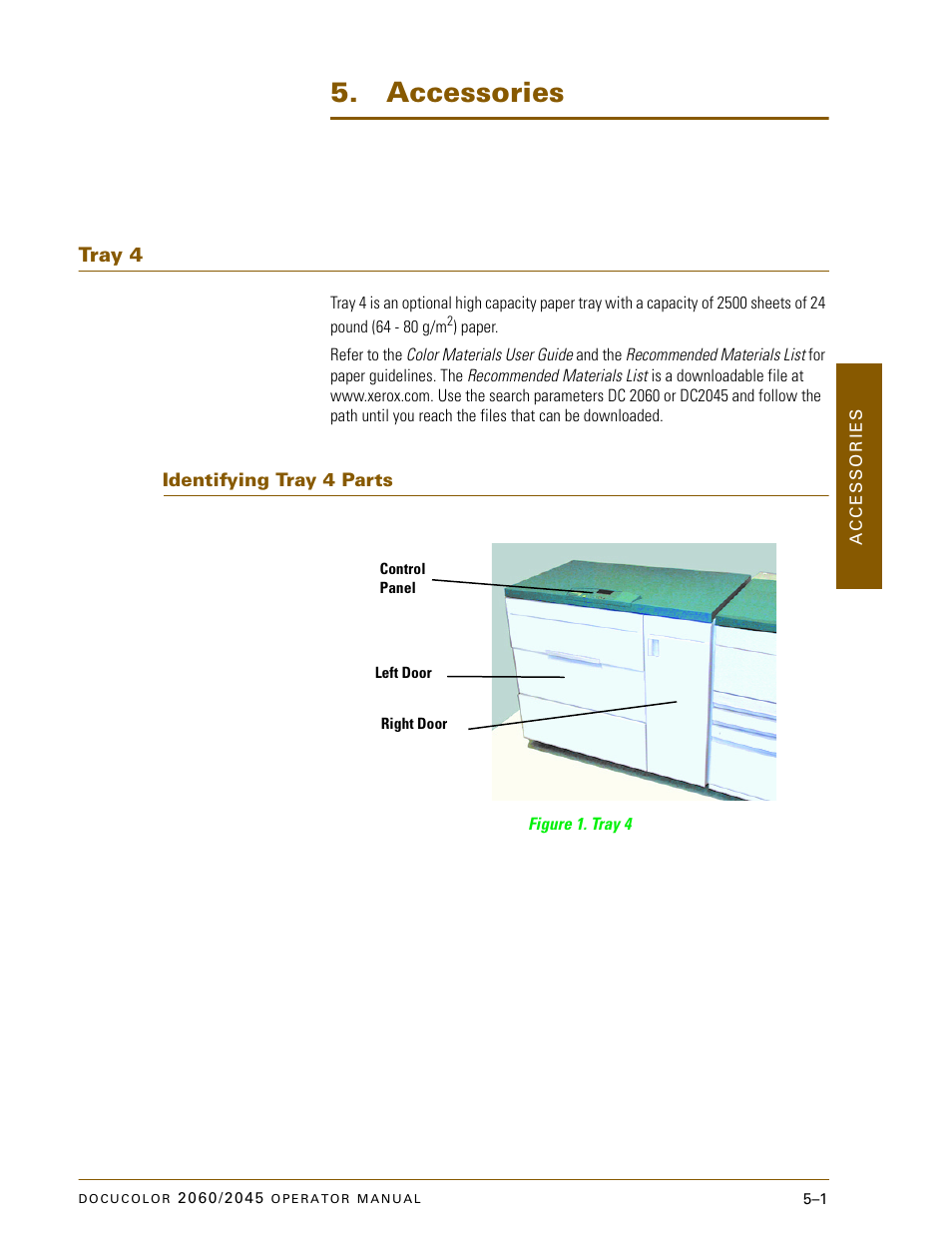 Accessories, Tray 4, Identifying tray 4 parts | Tray 4 –1, Identifying tray 4 parts –1 | Xerox DocuColor 2060 User Manual | Page 213 / 340