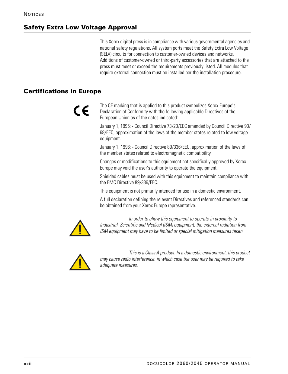 Safety extra low voltage approval, Certifications in europe | Xerox DocuColor 2060 User Manual | Page 22 / 340