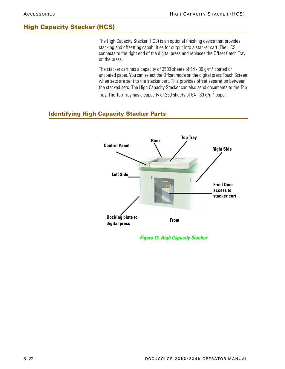 High capacity stacker (hcs), Identifying high capacity stacker parts, High capacity stacker (hcs) –22 | Identifying high capacity stacker parts –22 | Xerox DocuColor 2060 User Manual | Page 234 / 340