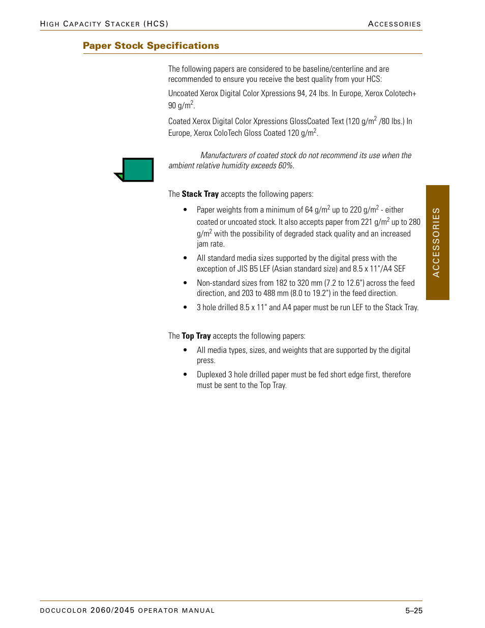 Paper stock specifications, Paper stock specifications –25 | Xerox DocuColor 2060 User Manual | Page 237 / 340