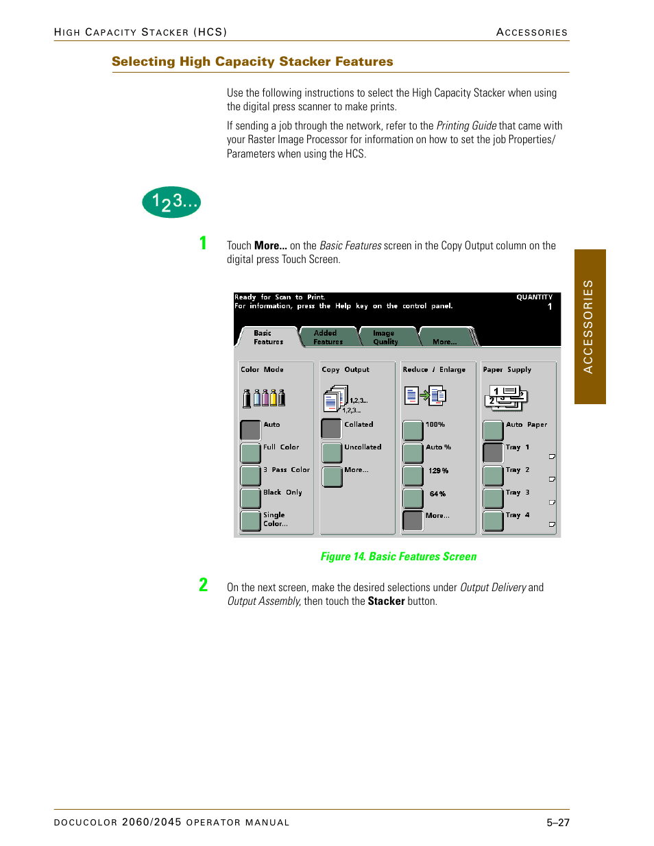 Selecting high capacity stacker features, Selecting high capacity stacker features –27 | Xerox DocuColor 2060 User Manual | Page 239 / 340