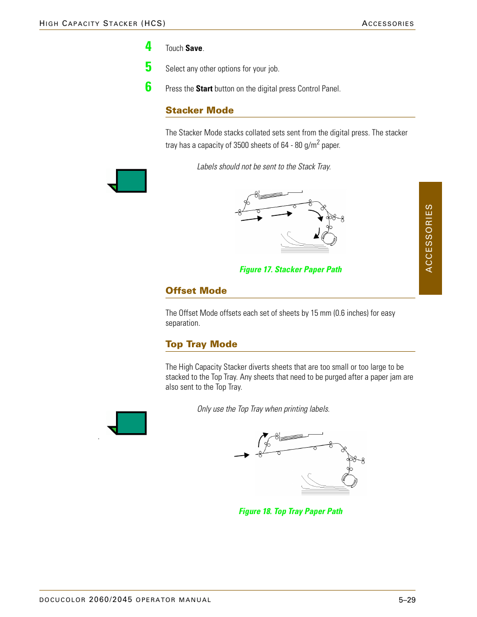 Stacker mode, Offset mode, Top tray mode | Stacker mode –29, Offset mode –29, Top tray mode –29 | Xerox DocuColor 2060 User Manual | Page 241 / 340