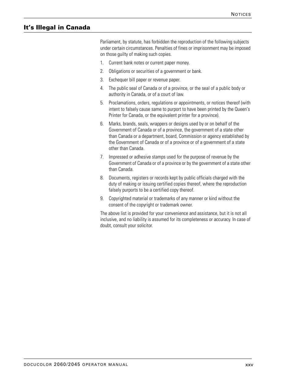 It’s illegal in canada | Xerox DocuColor 2060 User Manual | Page 25 / 340