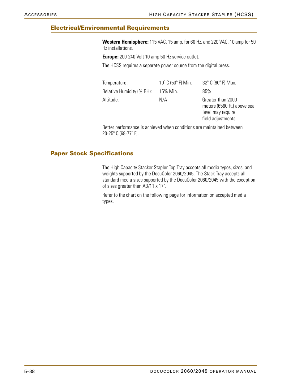 Electrical/environmental requirements, Paper stock specifications, Electrical/environmental requirements –38 | Paper stock specifications –38 | Xerox DocuColor 2060 User Manual | Page 250 / 340