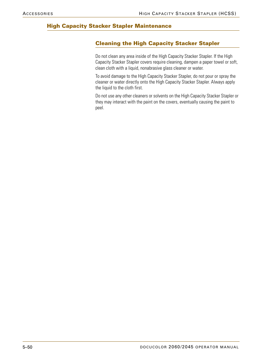 High capacity stacker stapler maintenance, Cleaning the high capacity stacker stapler, High capacity stacker stapler maintenance –50 | Cleaning the high capacity stacker stapler –50 | Xerox DocuColor 2060 User Manual | Page 262 / 340