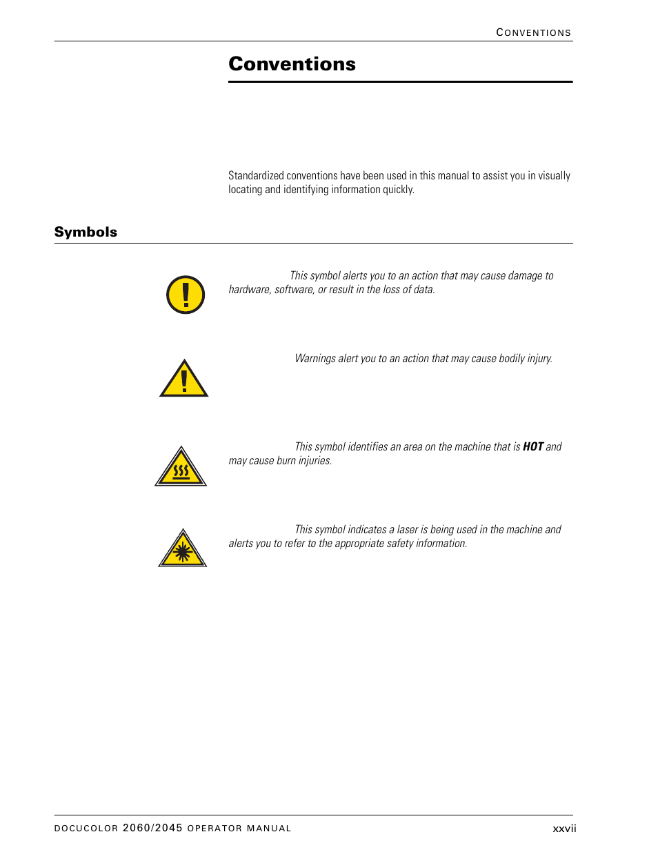 Conventions, Symbols, Xxvii | Xerox DocuColor 2060 User Manual | Page 27 / 340