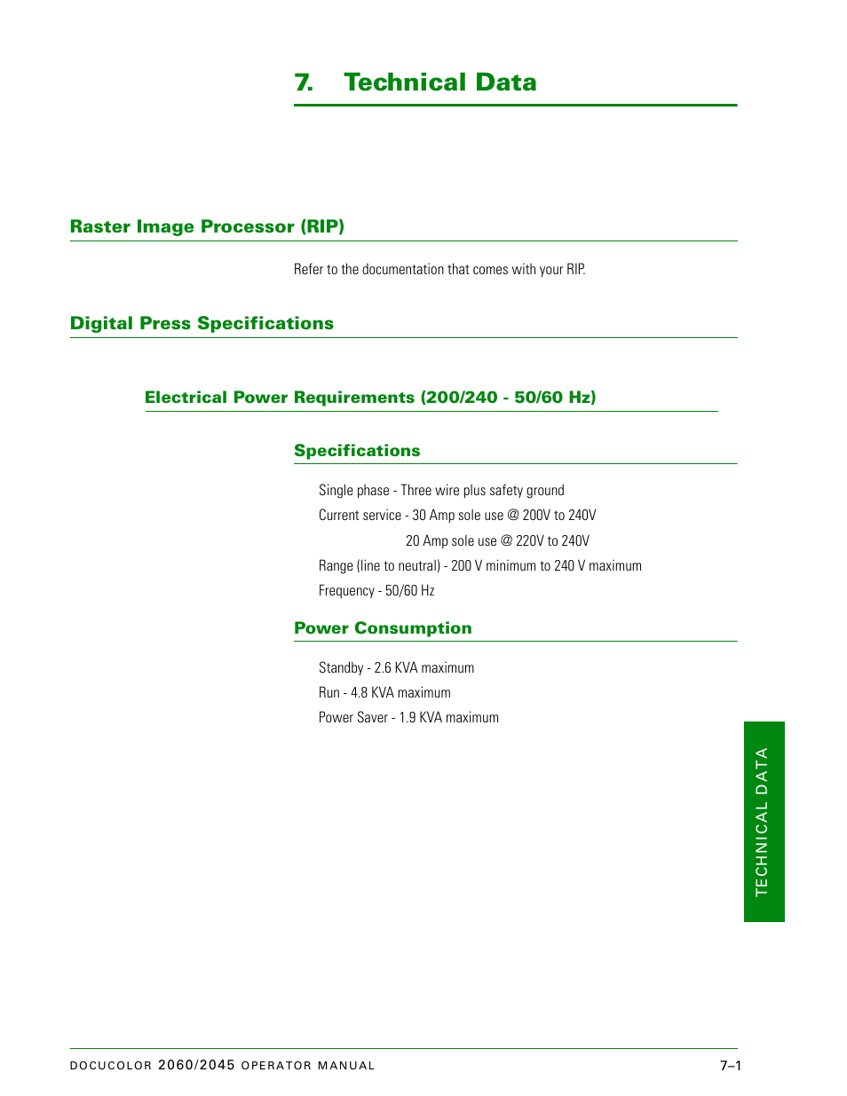 Technical data, Raster image processor (rip), Digital press specifications | Electrical power requirements (200/240 - 50/60 hz), Specifications, Power consumption, Digital press specifications –1, Specifications –1, Power consumption –1 | Xerox DocuColor 2060 User Manual | Page 297 / 340