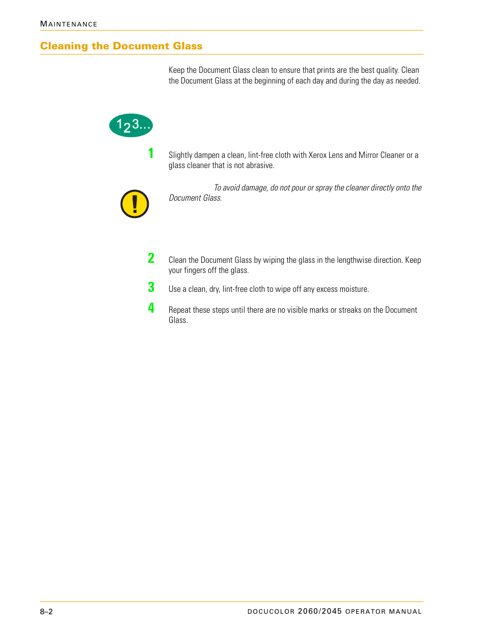 Cleaning the document glass, Cleaning the document glass –2 | Xerox DocuColor 2060 User Manual | Page 306 / 340