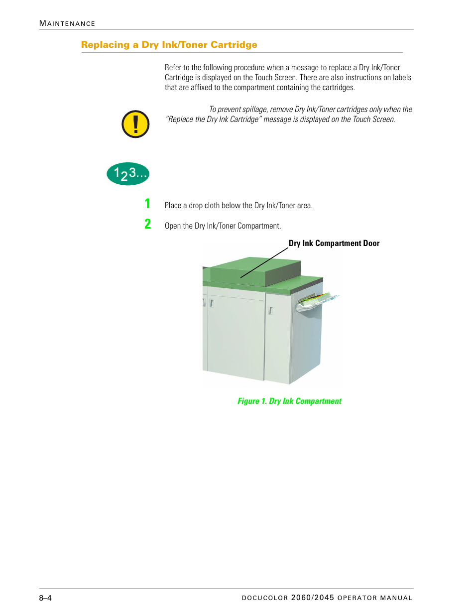 Replacing a dry ink/toner cartridge, Replacing a dry ink/toner cartridge –4 | Xerox DocuColor 2060 User Manual | Page 308 / 340