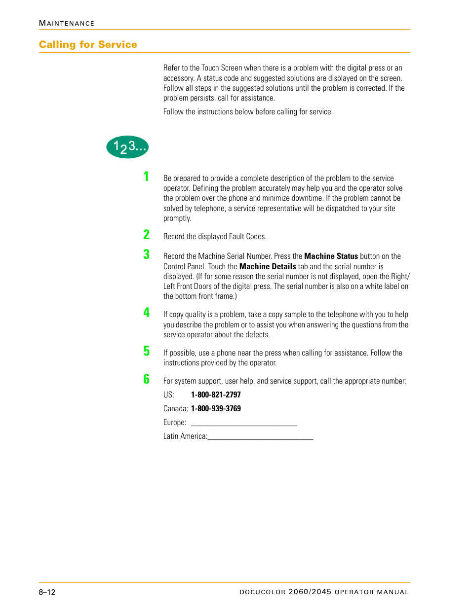 Calling for service, Calling for service –12 | Xerox DocuColor 2060 User Manual | Page 316 / 340