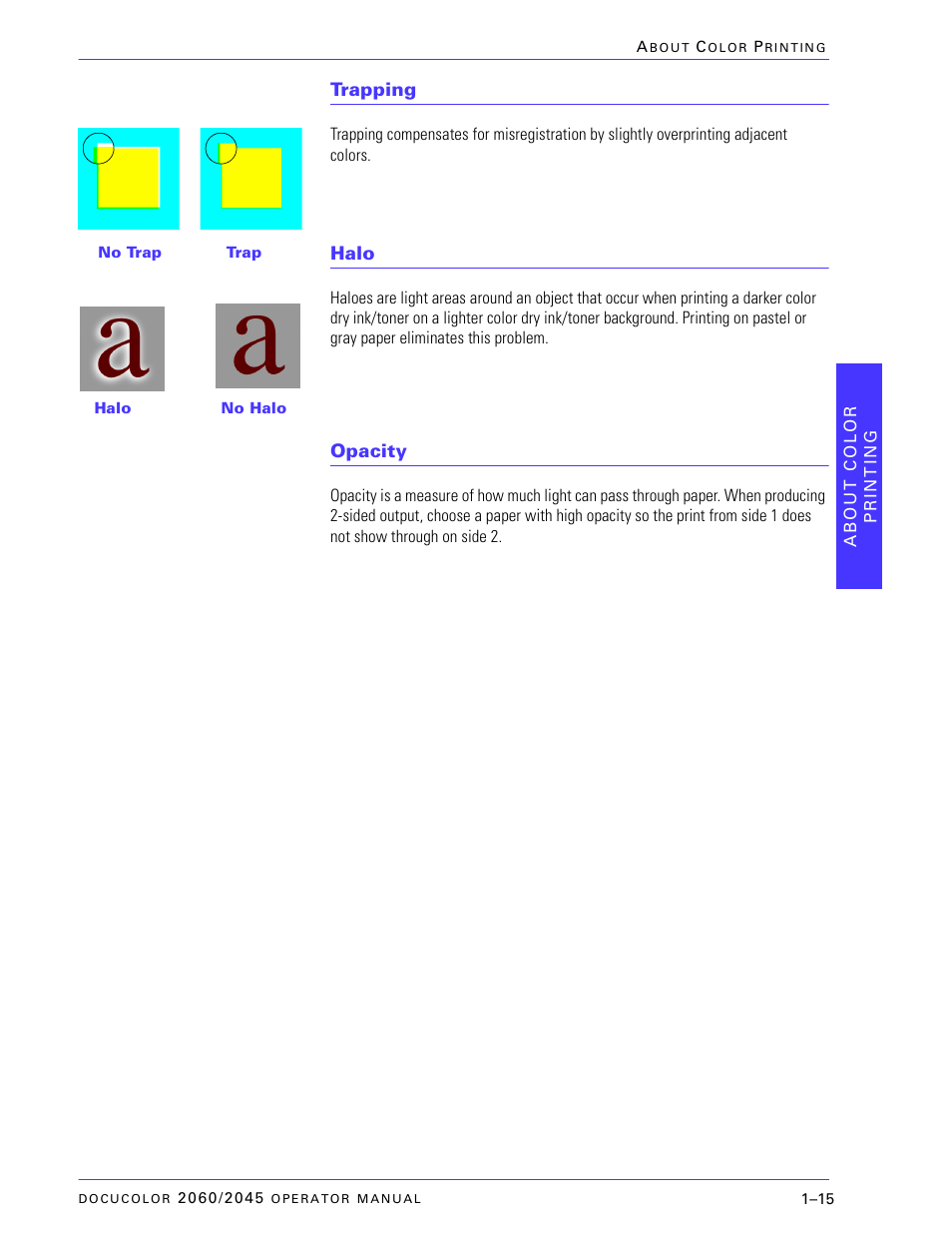 Trapping, Halo, Opacity | Trapping –15, Halo –15, Opacity –15 | Xerox DocuColor 2060 User Manual | Page 43 / 340