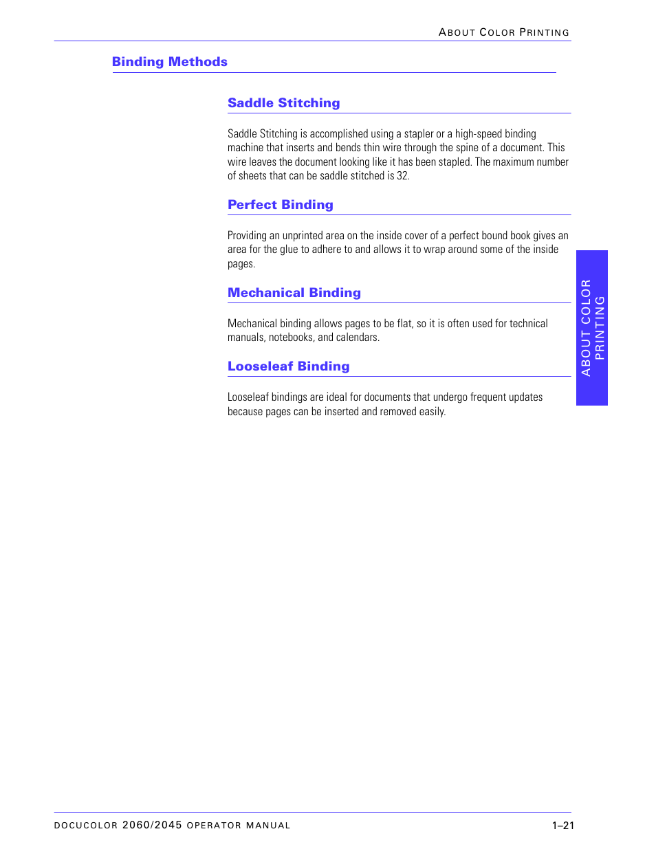 Binding methods, Saddle stitching, Perfect binding | Mechanical binding, Looseleaf binding, Binding methods –21, Saddle stitching –21, Perfect binding –21, Mechanical binding –21, Looseleaf binding –21 | Xerox DocuColor 2060 User Manual | Page 49 / 340