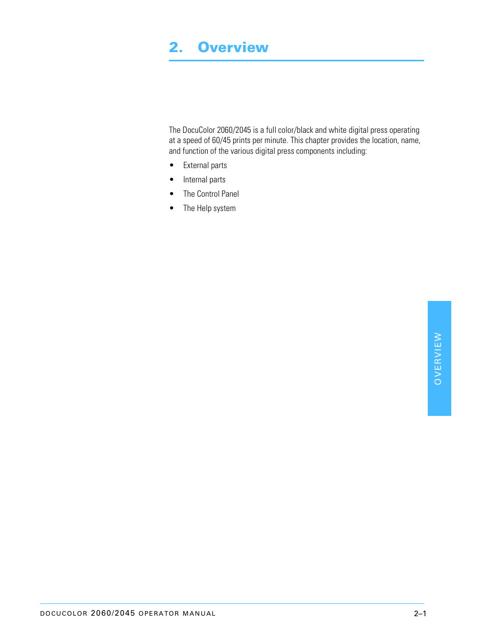 Overview | Xerox DocuColor 2060 User Manual | Page 51 / 340