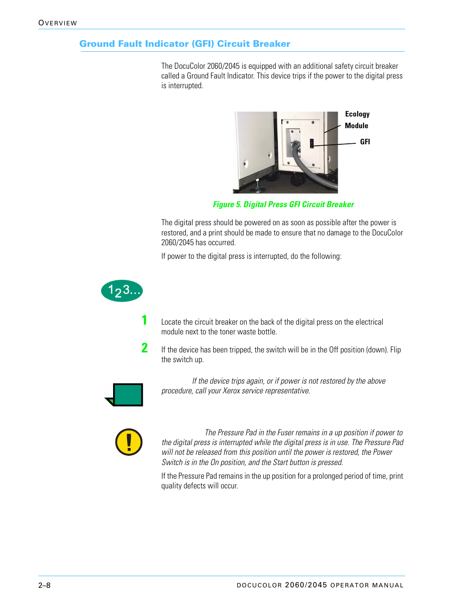 Ground fault indicator (gfi) circuit breaker, Ground fault indicator (gfi) circuit breaker –8 | Xerox DocuColor 2060 User Manual | Page 58 / 340