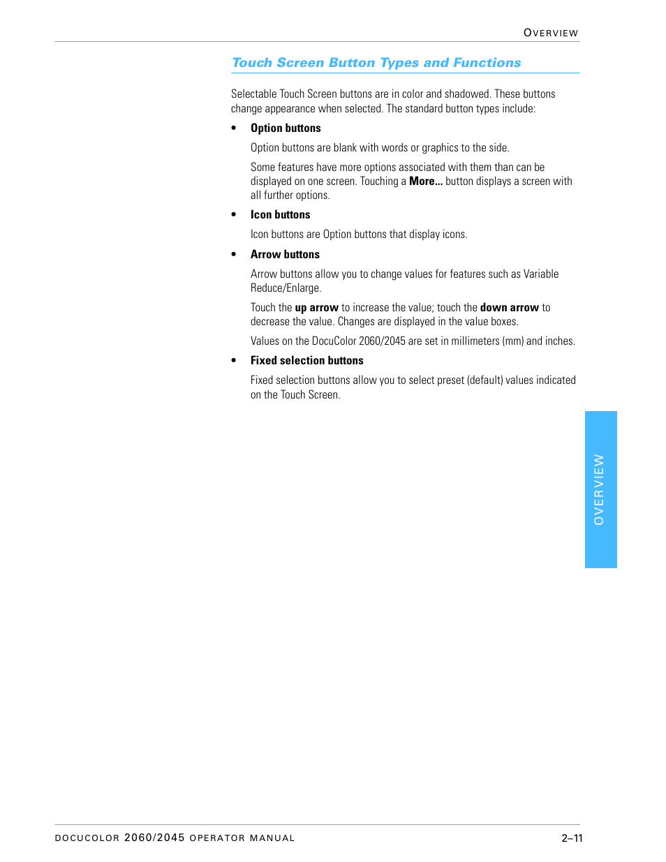 Touch screen button types and functions, Touch screen button types and functions –11 | Xerox DocuColor 2060 User Manual | Page 61 / 340