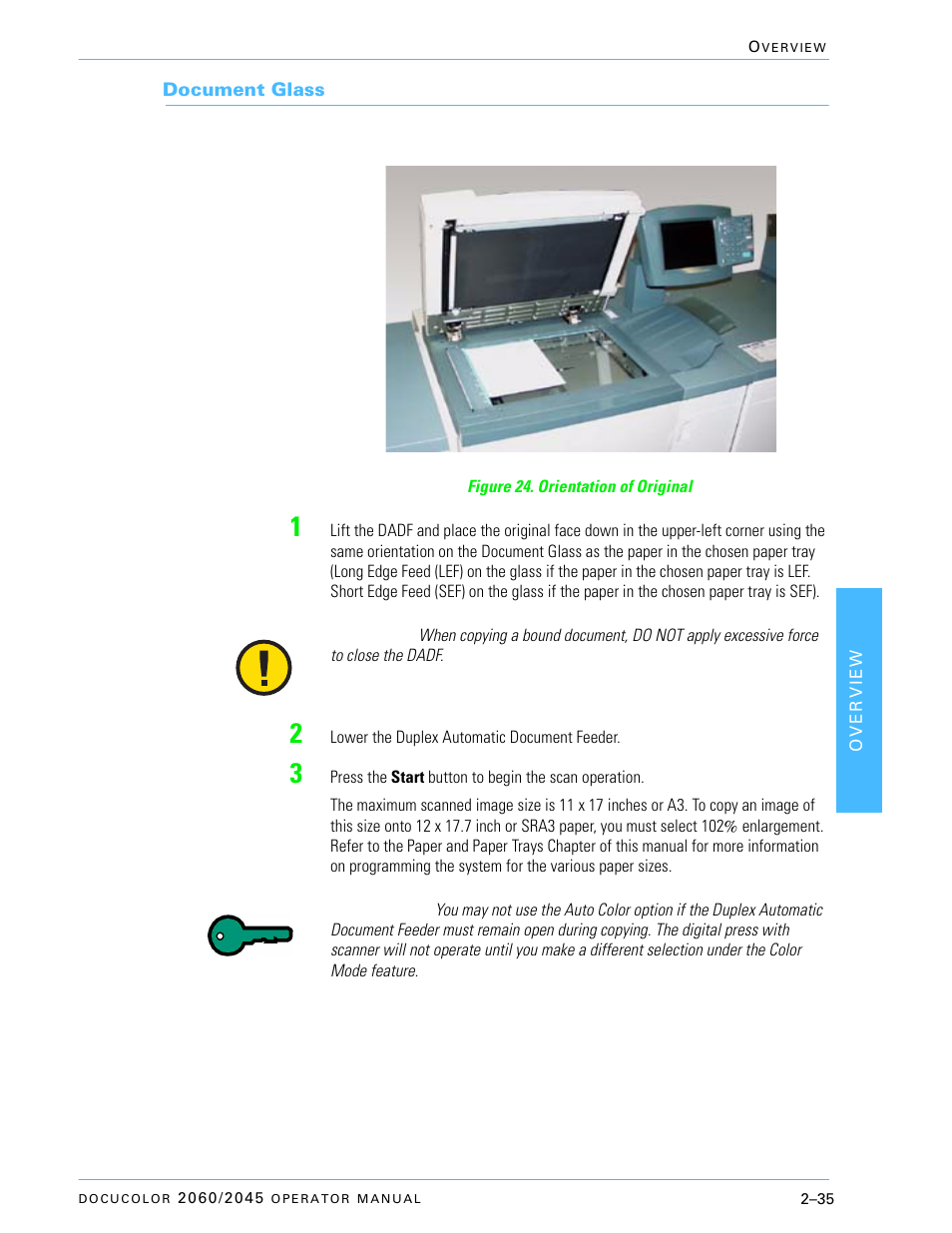Document glass, Document glass –35 | Xerox DocuColor 2060 User Manual | Page 85 / 340
