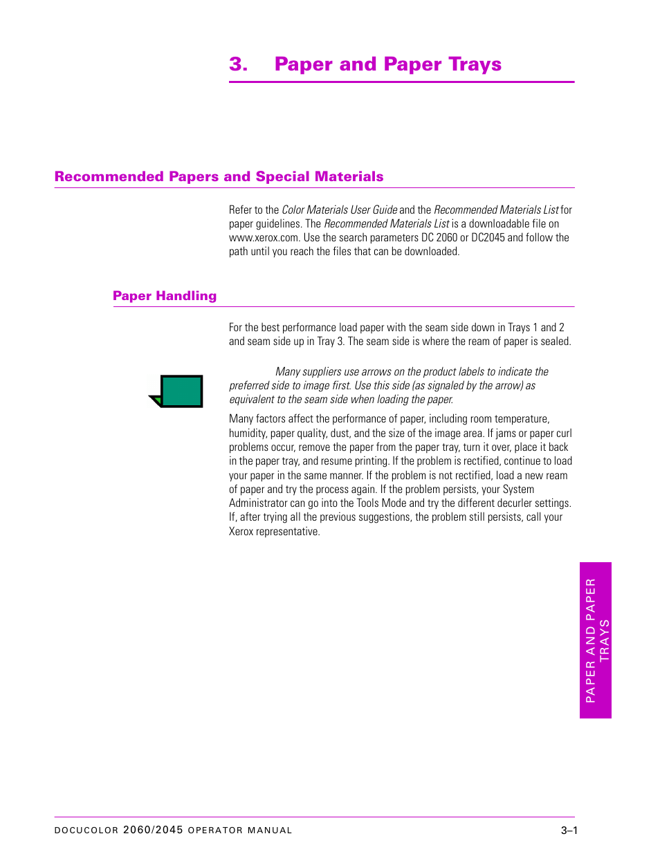 Paper and paper trays, Recommended papers and special materials, Paper handling | Recommended papers and special materials –1, Paper handling –1 | Xerox DocuColor 2060 User Manual | Page 93 / 340