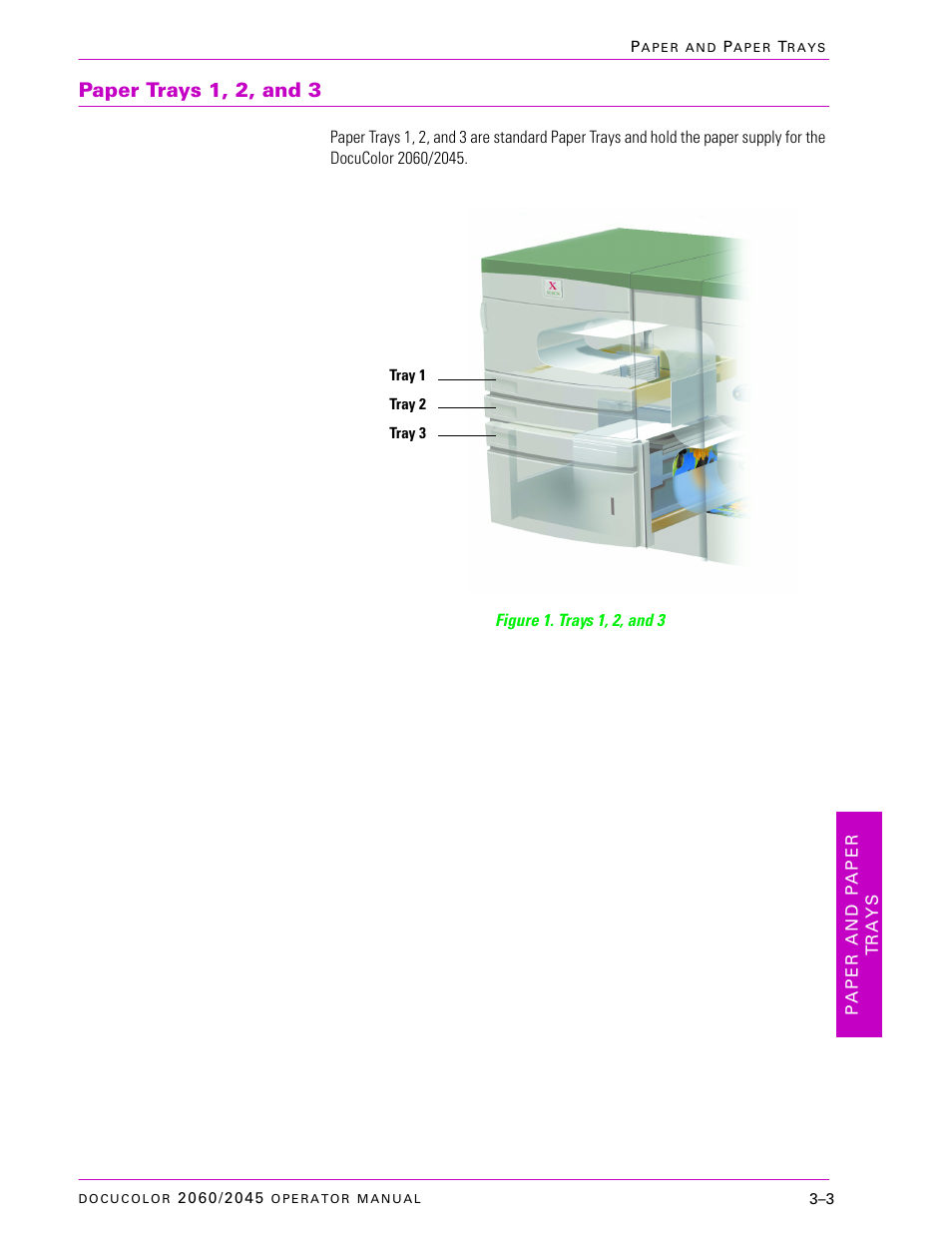 Paper trays 1, 2, and 3, Paper trays 1, 2, and 3 –3 | Xerox DocuColor 2060 User Manual | Page 95 / 340